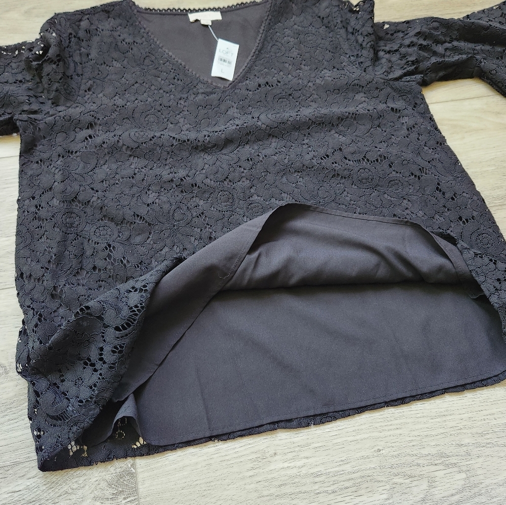 Loft Outlet Black Lace Top Womens Large Flare Sleeve V Neck Dressy Business - Picture 5 of 11